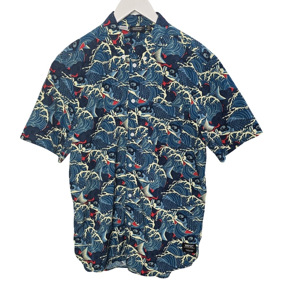 WeSC Oden Koi Fish‎ Japanese Pattern Blue Button Up Shirt Men M Women L Unisex